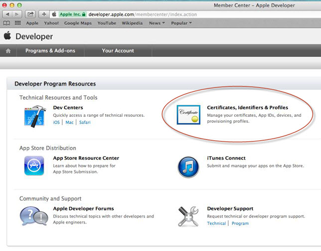 Certificates, Identifiers & Profiles section of Developer Center