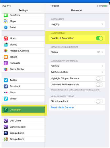 Screen shot of Settings app, Developer selected, Enable UI Automation turned on.