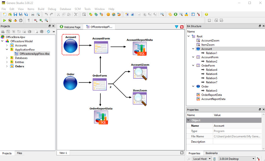 Screenshot of Business Applicaiton Model screen showing application flow for officestore application in the officestoreAppFlow.4ba file