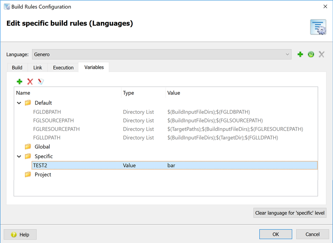 A screen shot of the Build Rules Configuration dialog - Variables tab.