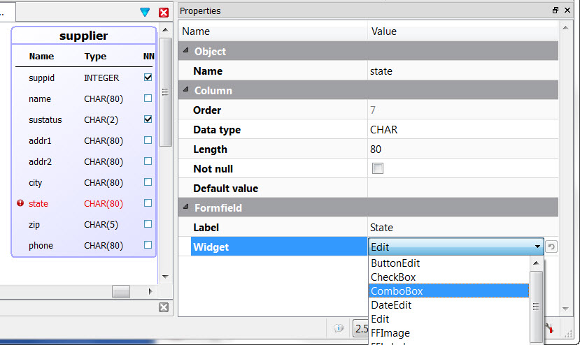 This figure shows an example of setting the Label and Widget properties for the supplier.state field at the meta-schema level.