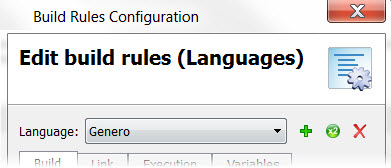 A screen shot of the Build Rules Configuration dialog showing Genero as the language default.