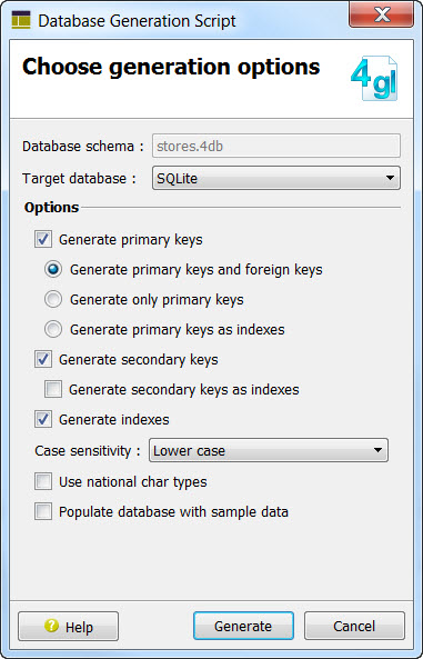 Screen shot of Database Generation Script dialog.