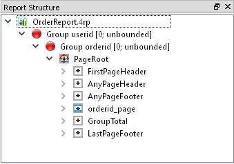 The figure shows the OrderReport.4rp report in the Structure View. All headers and footers are included before other content, except the last page footer, which is at the end of the structure.