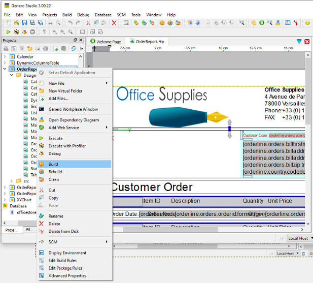 Screenshot of Genero Report Designer showing the build context menu selected