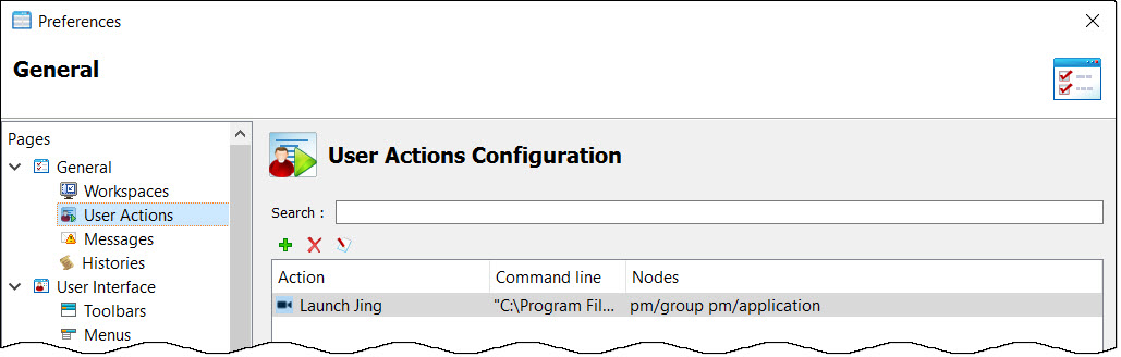 Screen shot of User Action Configuration page